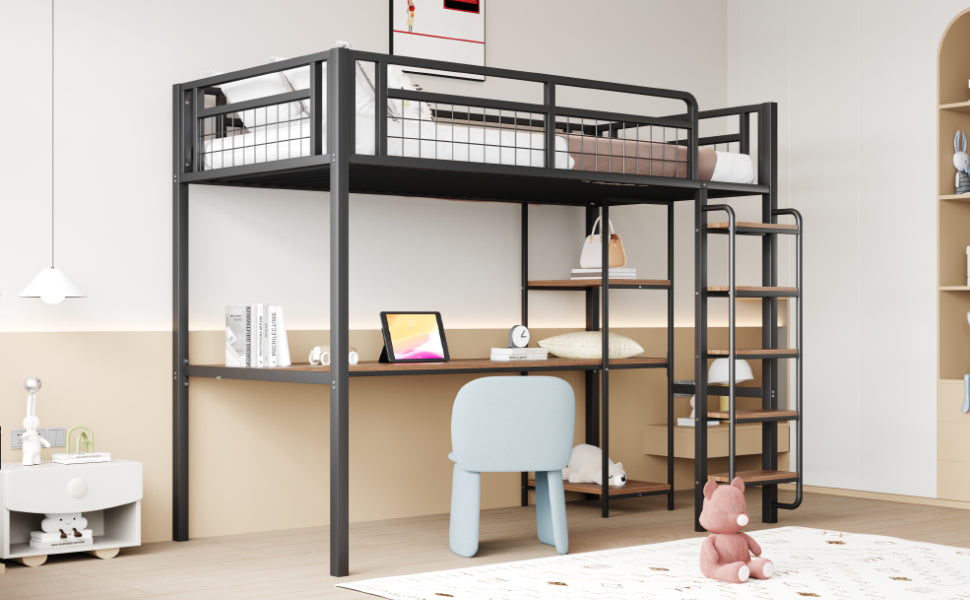 Metal Loft Bed 90x200cm Safety Ladder Storage Black