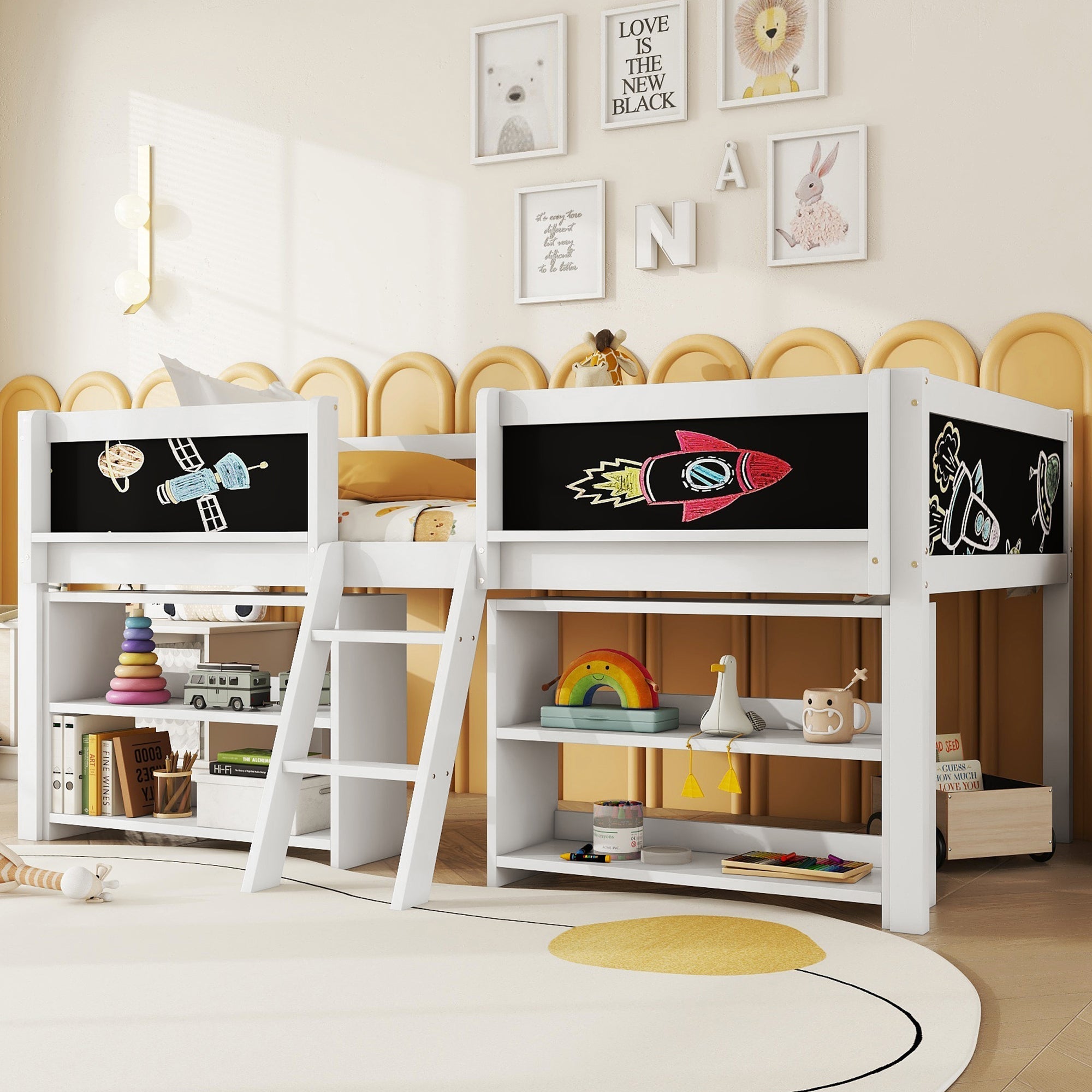 Mid-Sleeper Bed with Storage Shelves and Ladder, 90x200cm, White Pine Wood