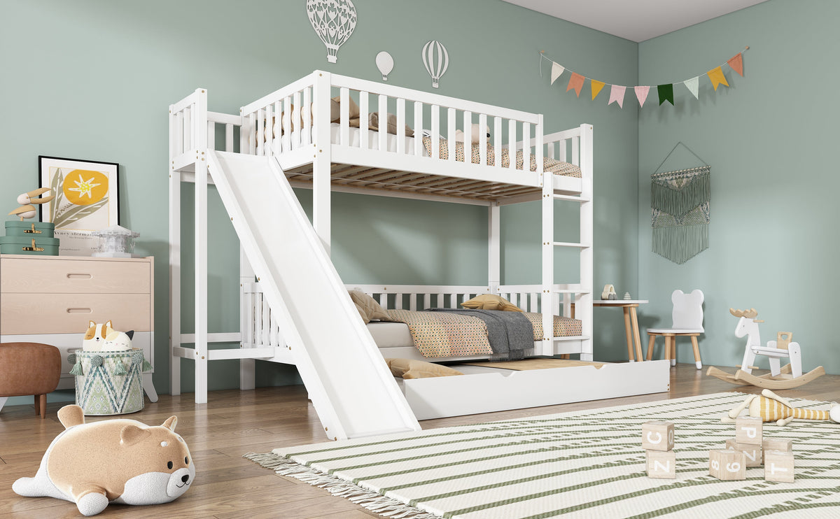 Bunk Bed with Trundle, Slide & Shelves, Pine + MDF White