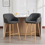 Modern European Bar Stools with High Backrest and Armrests, Set of 2, Beige Linen