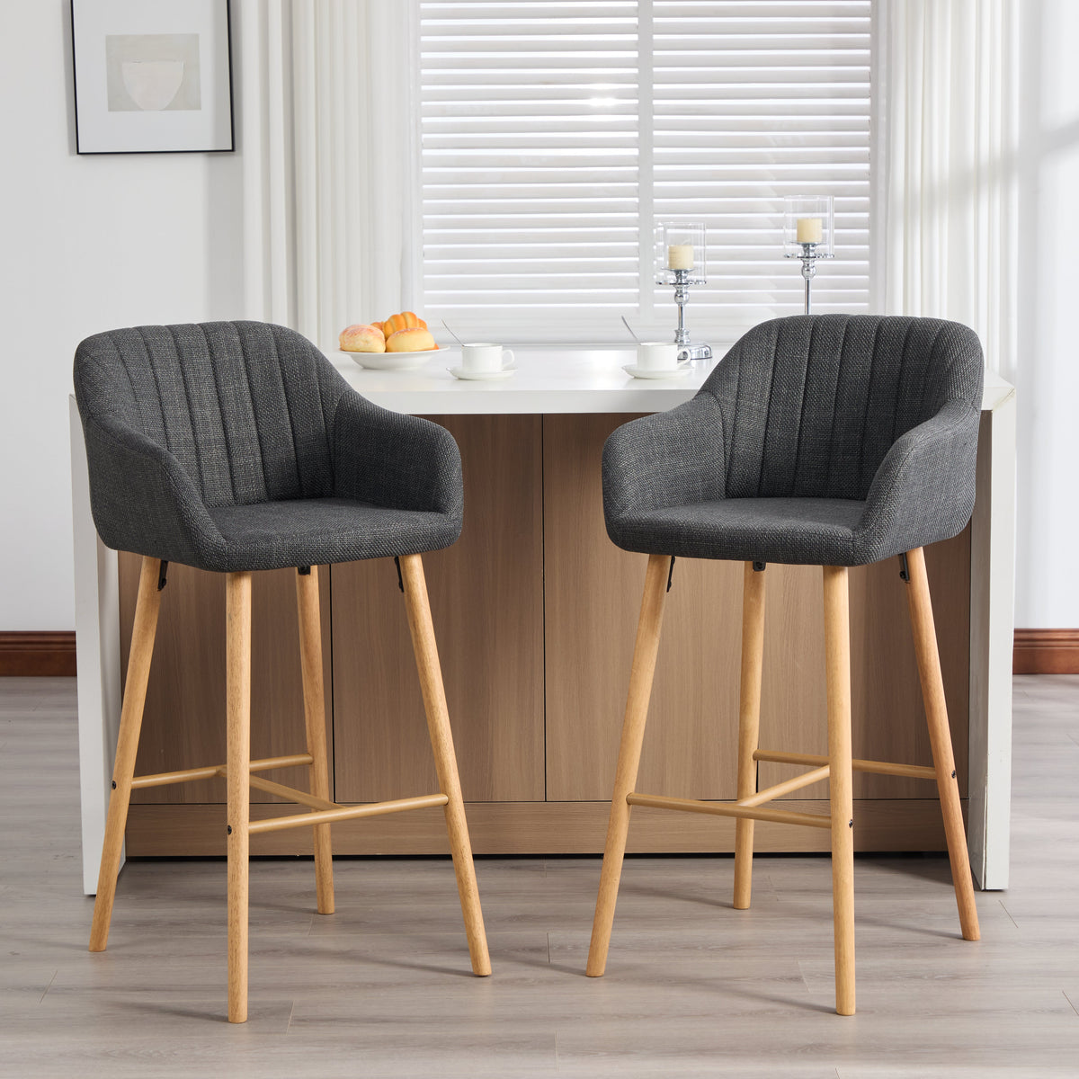 Modern European Bar Stools with High Backrest and Armrests, Set of 2, Beige Linen