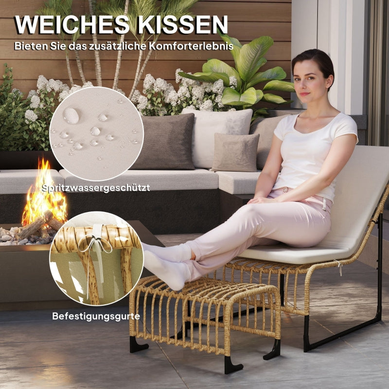 Rattan Relaxing Chair with Footstool, UV-resistant Garden Chair, Natural Wood