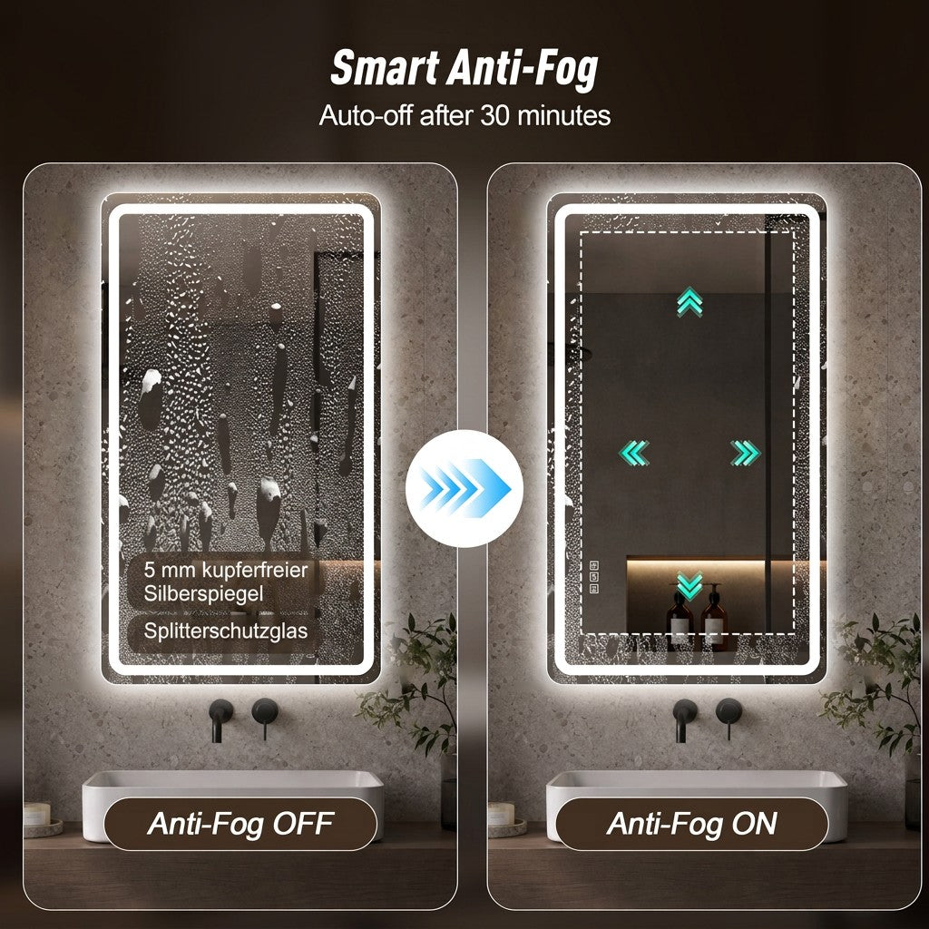 Frameless LED Bathroom Mirror 60x120cm - Anti-Fog Dimmable Glass