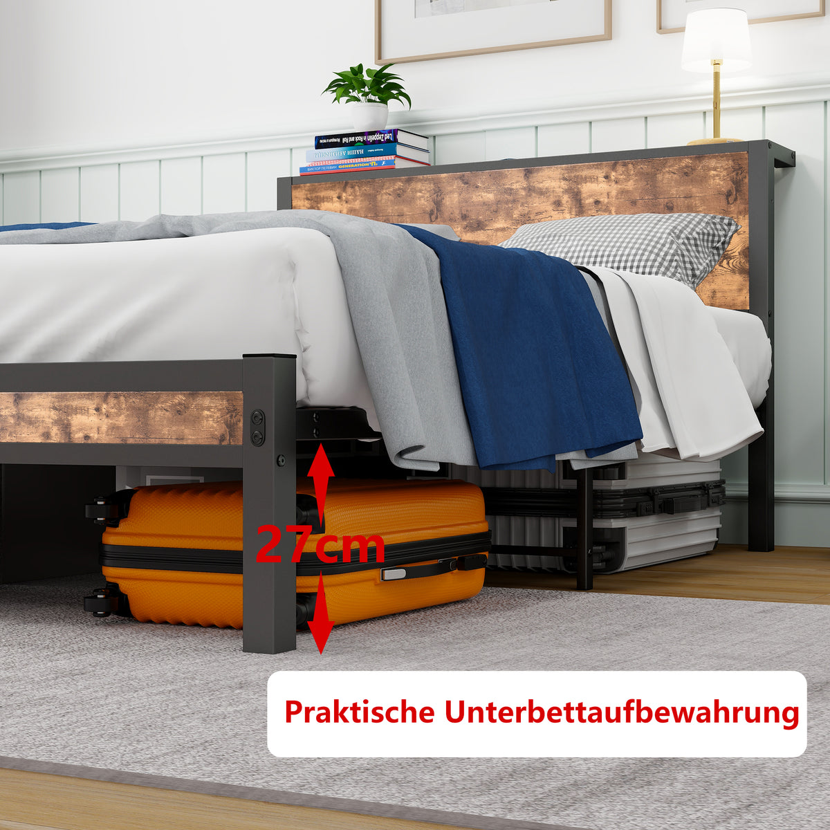 Metal Platform Bed Frame 120x200cm Storage Headboard, Vintage Brown