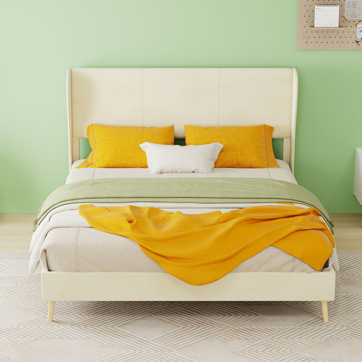 Upholstered Bed with Soft Headboard & Mattress, 140x200 cm, Beige