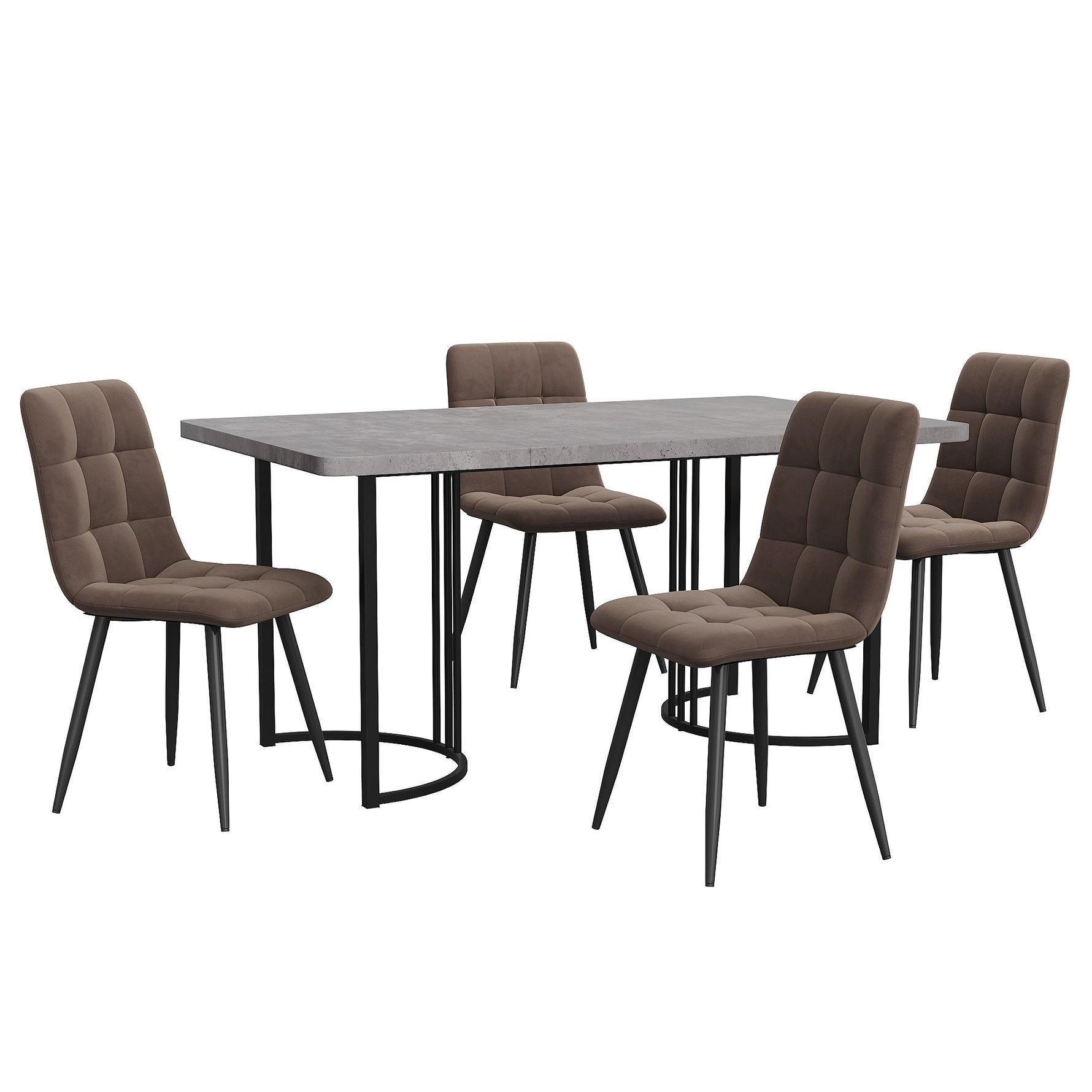 Dining Set 5-Piece 140x80cm Table & 4 Chairs Black Metal Grey MDF, Brown Velvet