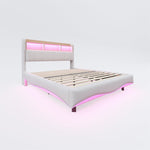 Suspended Design Upholstered Bed 140*200, Multifunctional Storage with LED, USB & Type-C, Linen Fabric Beige