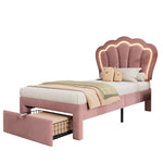 Children's Bed LED Single, 90 x 190 cm with Drawers, Adjustable Headboard, Velvet Pink