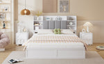 Double Bed, Open Shelf, 3 Drawers, Pine Frame, White+Grey