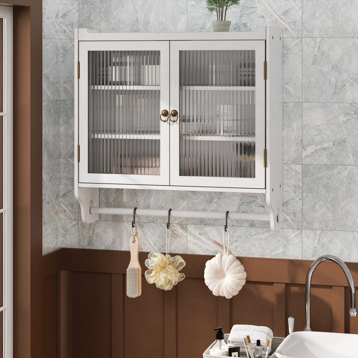 60cm Glass Door Vintage Double Door Wall Cabinet, Three Tiers, Towel Rack, White Washed