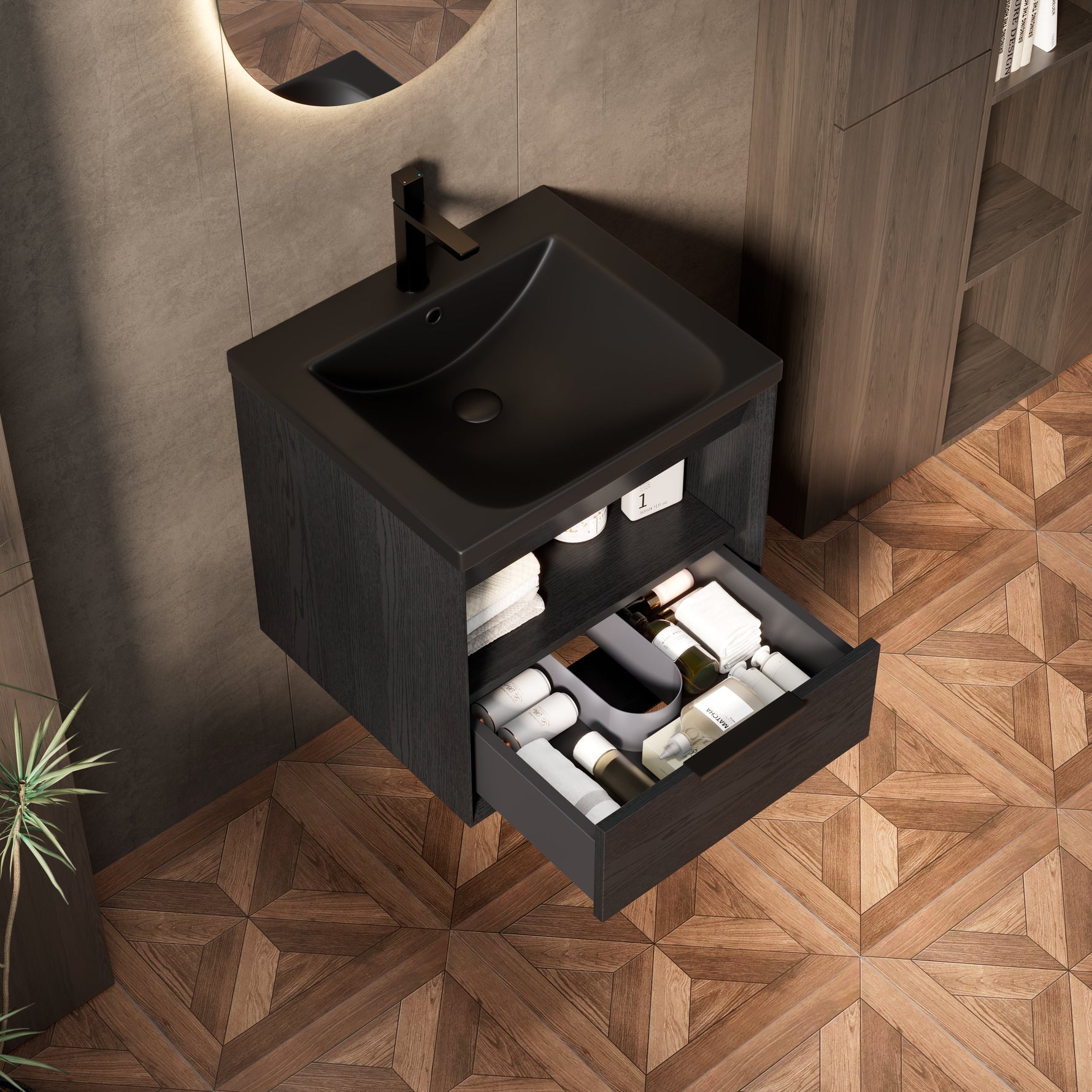 Floating Bathroom Vanity Unit with Ceramic Sink and Storage Drawer, Black Wood Grain