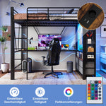 Loft Bed 90x200cm with Desk, Drying Rack, Storage, USB/Type-C & LED - Black Iron Frame