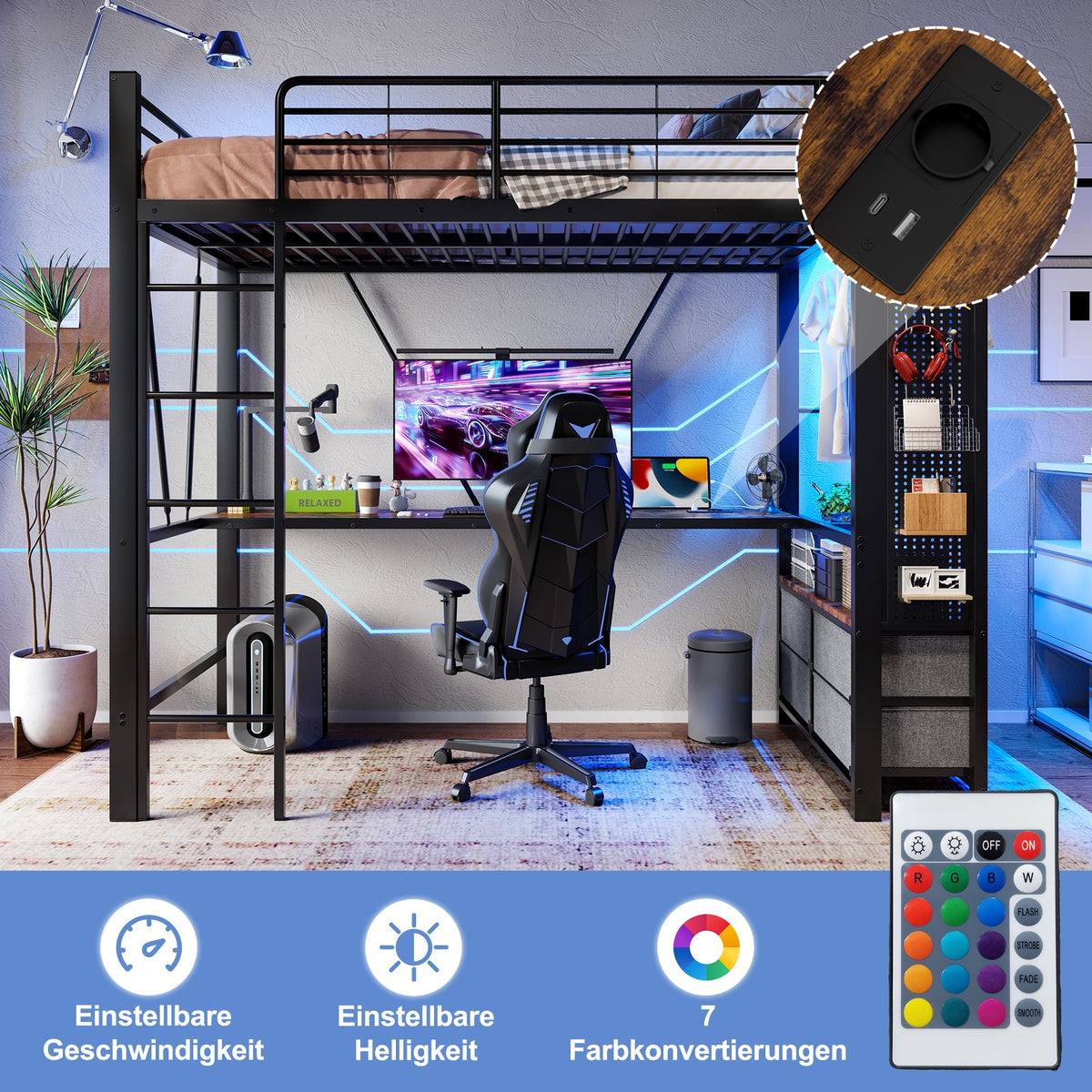 Loft Bed 90x200cm with Desk, Drying Rack, Storage, USB/Type-C & LED - Black Iron Frame