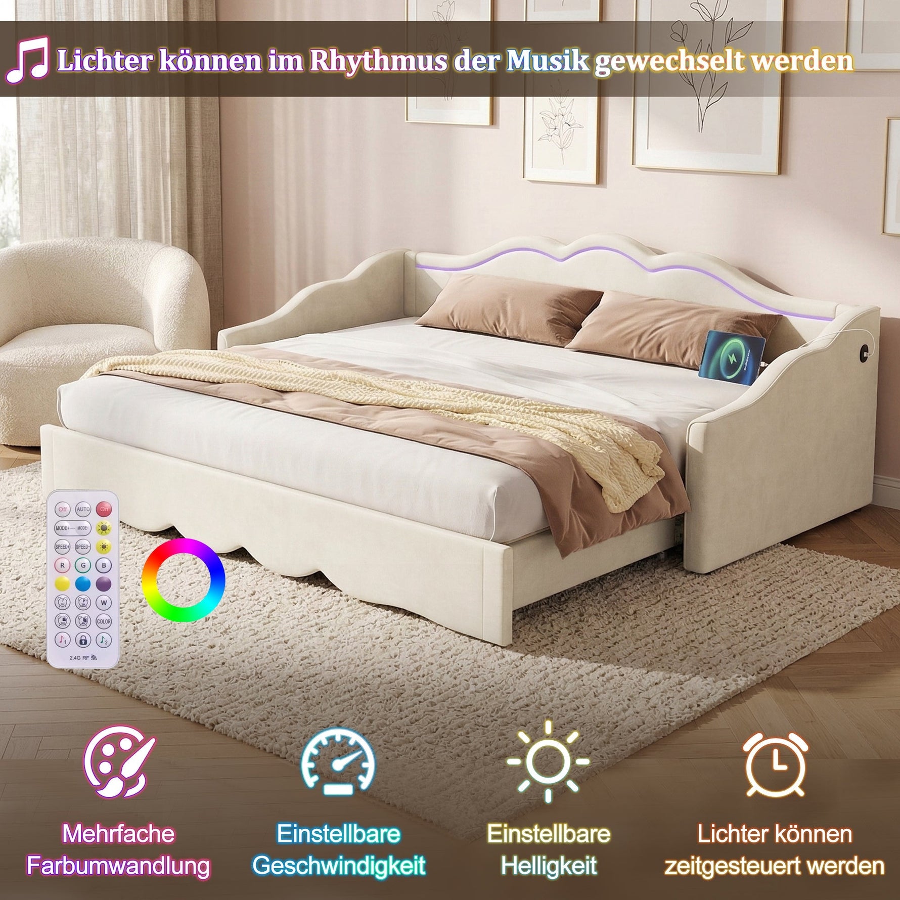 Upholstered Daybed, 90x200cm Extendable to 180cm with LED and USB Port, Beige Velvet