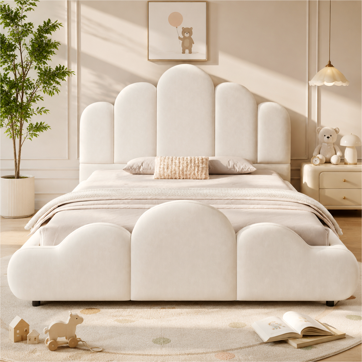 Upholstered Kids Bed 140x200cm with Headboard in Beige Velvet