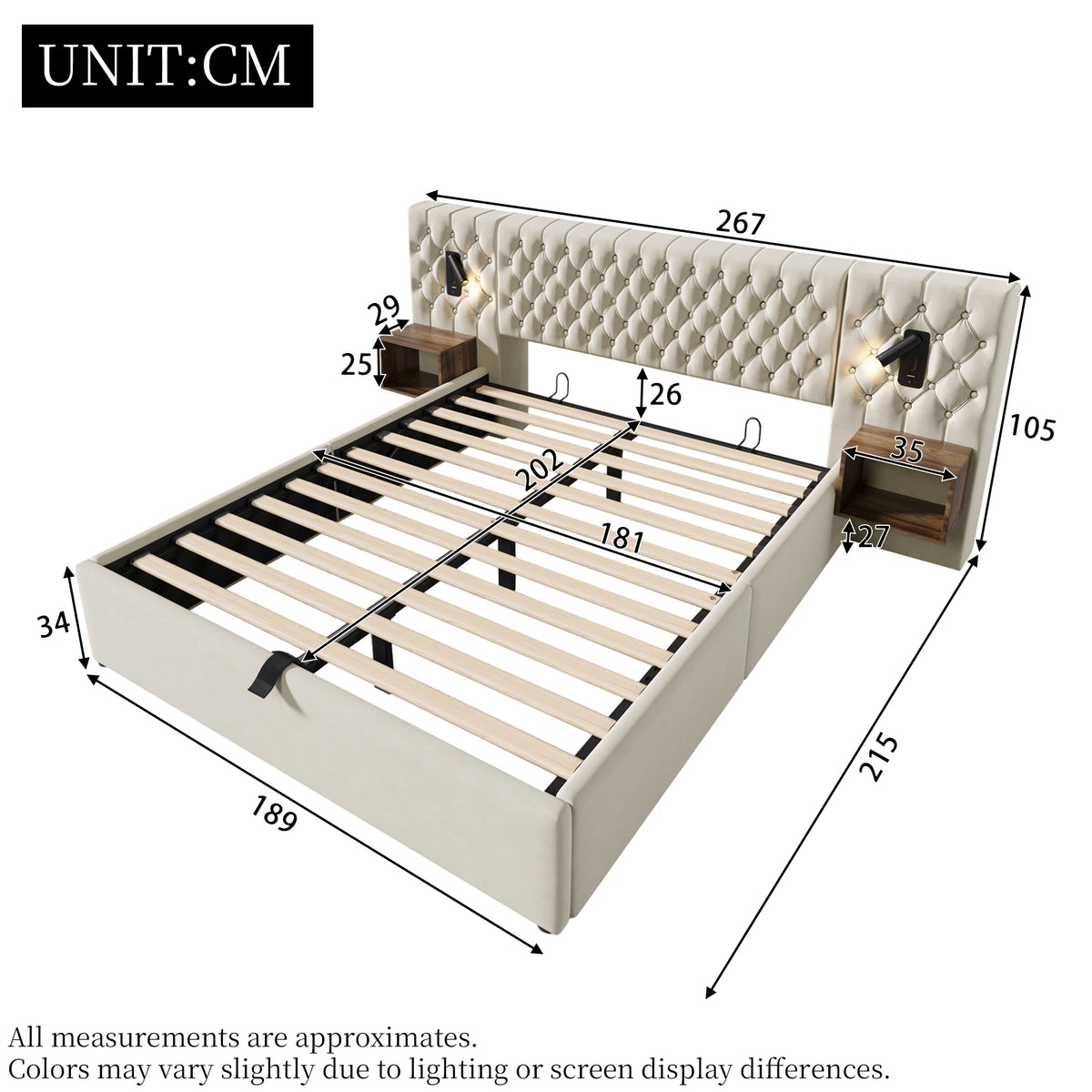 Sofa Bed 90x190cm with Storage, LED & USB, Beige Velvet
