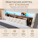 Upholstered Storage Bed 160x200cm with LED & USB, Beige Velvet