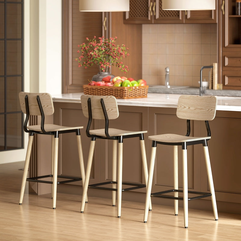 Bar Stools, 2 Counter Stools with Backrest and Footrest, Steel Legs, Natural