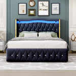 Upholstered Double Bed with LED Lights and Hydraulic Storage, Velvet