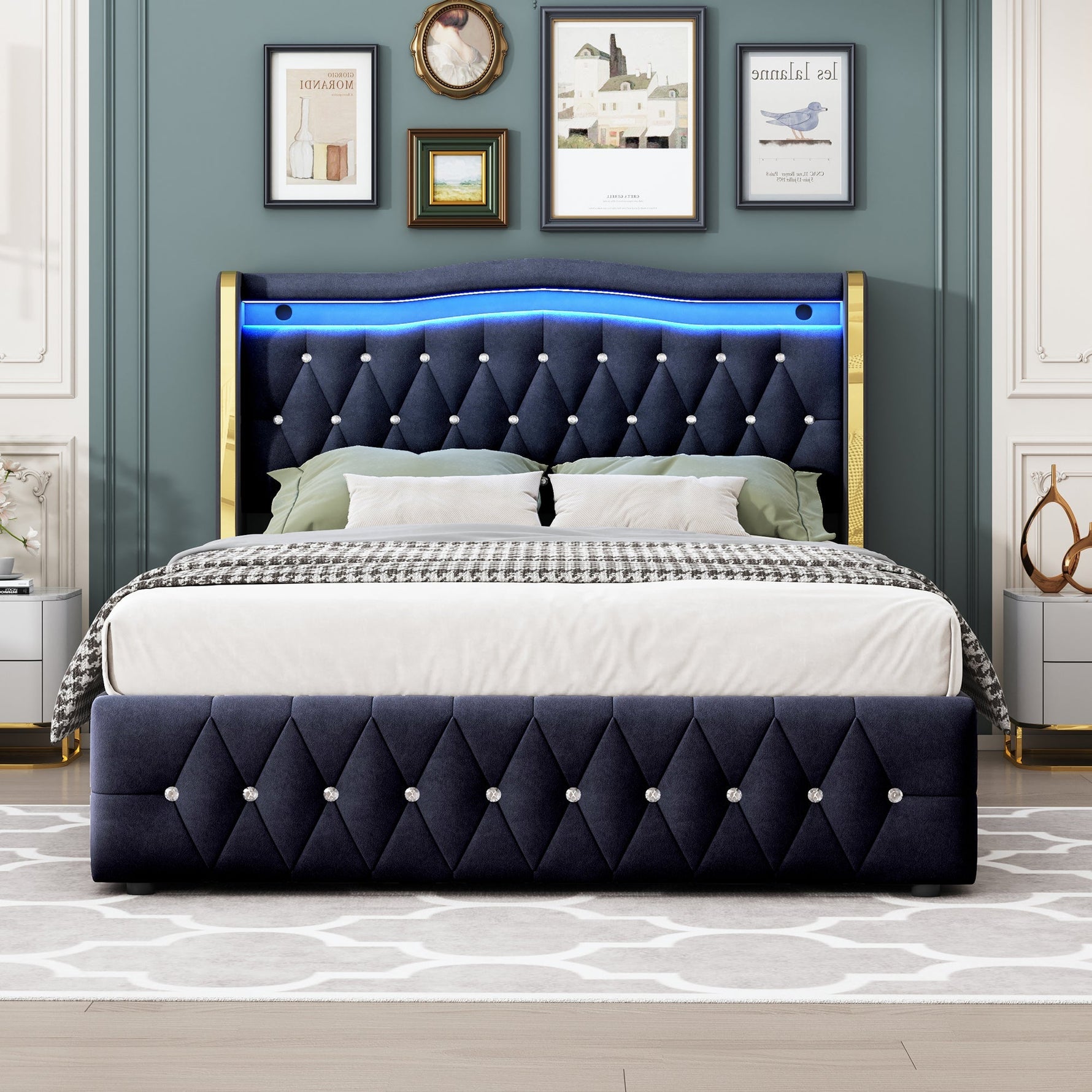 Upholstered Double Bed with LED Lights and Hydraulic Storage, Velvet