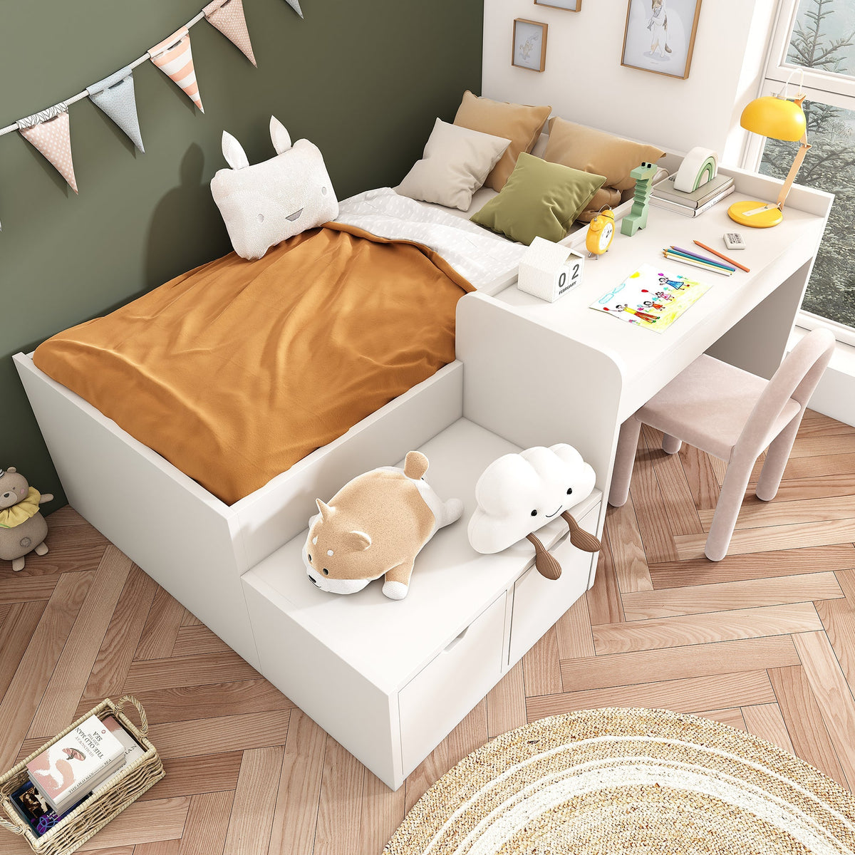 Children's Bed, Solid Wood Single with Desk & Drawers, White