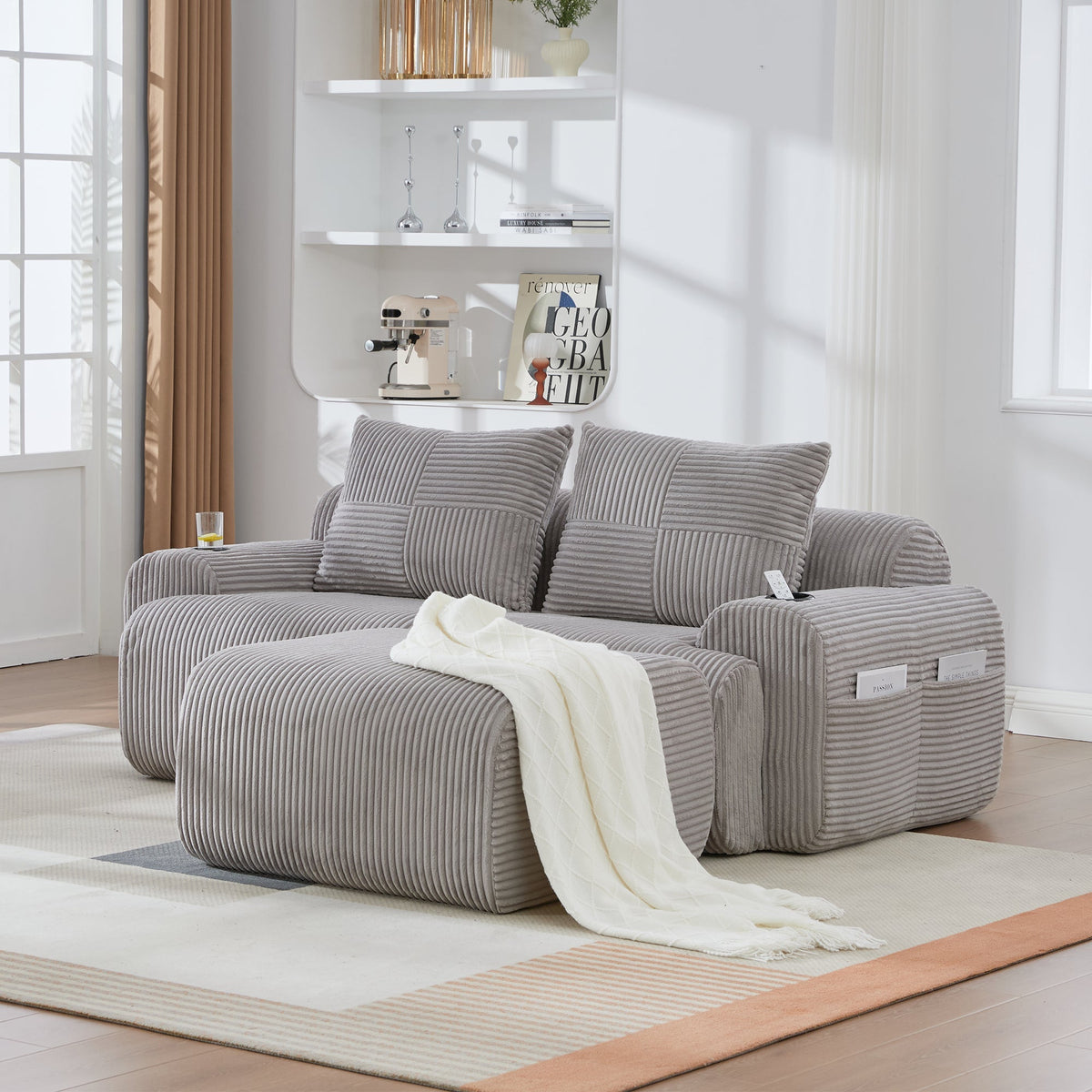 Modular Sofa for 2 People, Freely Combinable with Ottomans and Cup Holder, Light Grey Corduroy