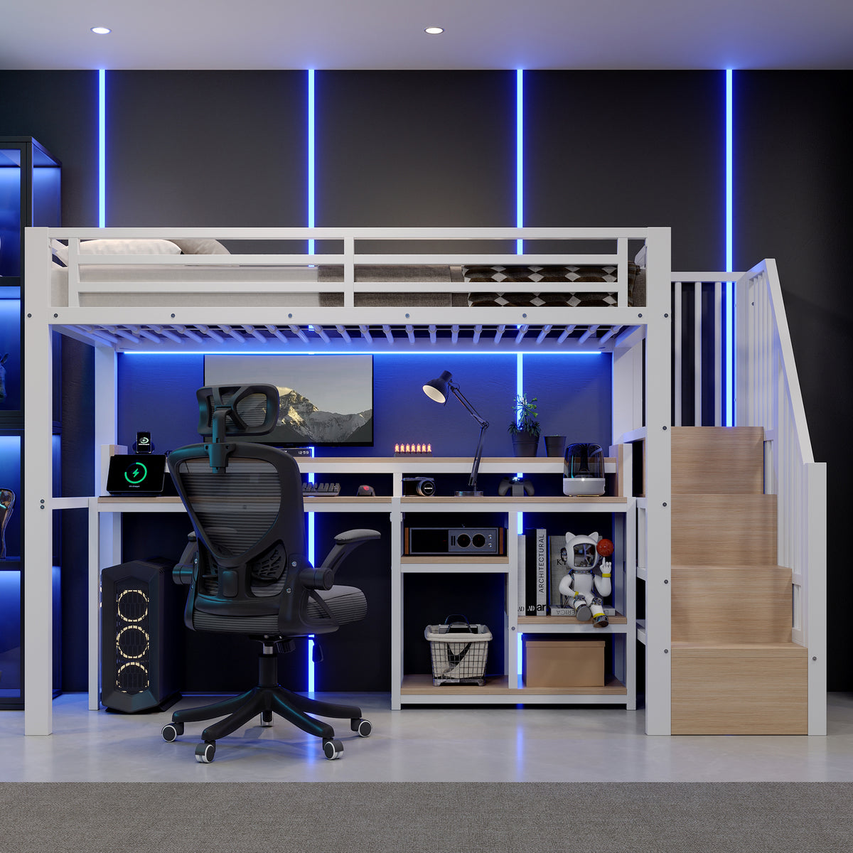 Loft Bed 90x200cm with Ladder Storage & LED, White Metal Frame