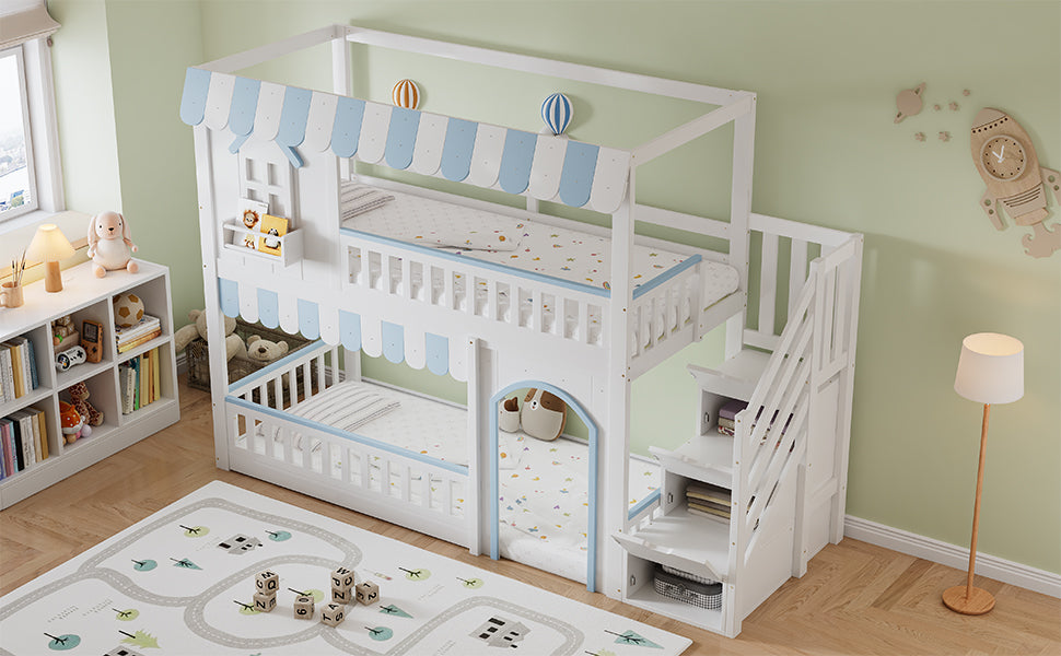 Bunk Bed with Staircase Storage and Decorative Windows, 90x200cm, White and Blue Pine + MDF + Plywood