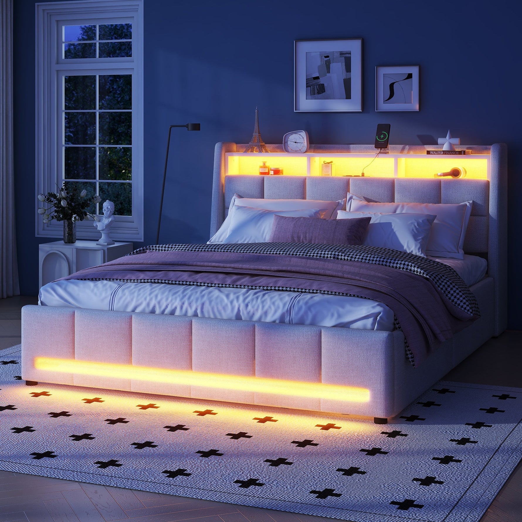 Upholstered Bed 140x200cm App Control LED Drawers USB/Sockets - Linen Beige