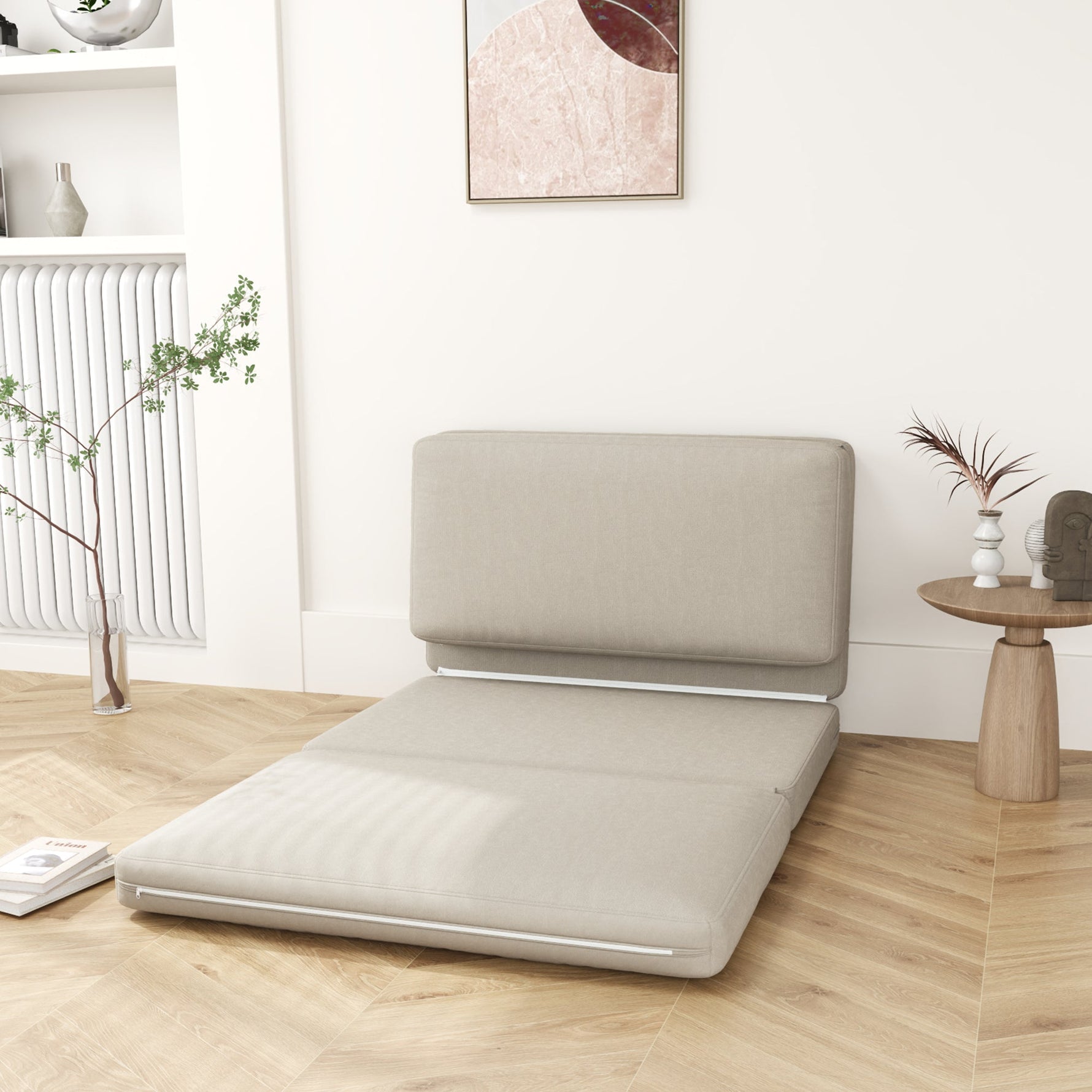 3-in-1 Folding Sofa Bed, Velvet Upholstered with Storage, Beige