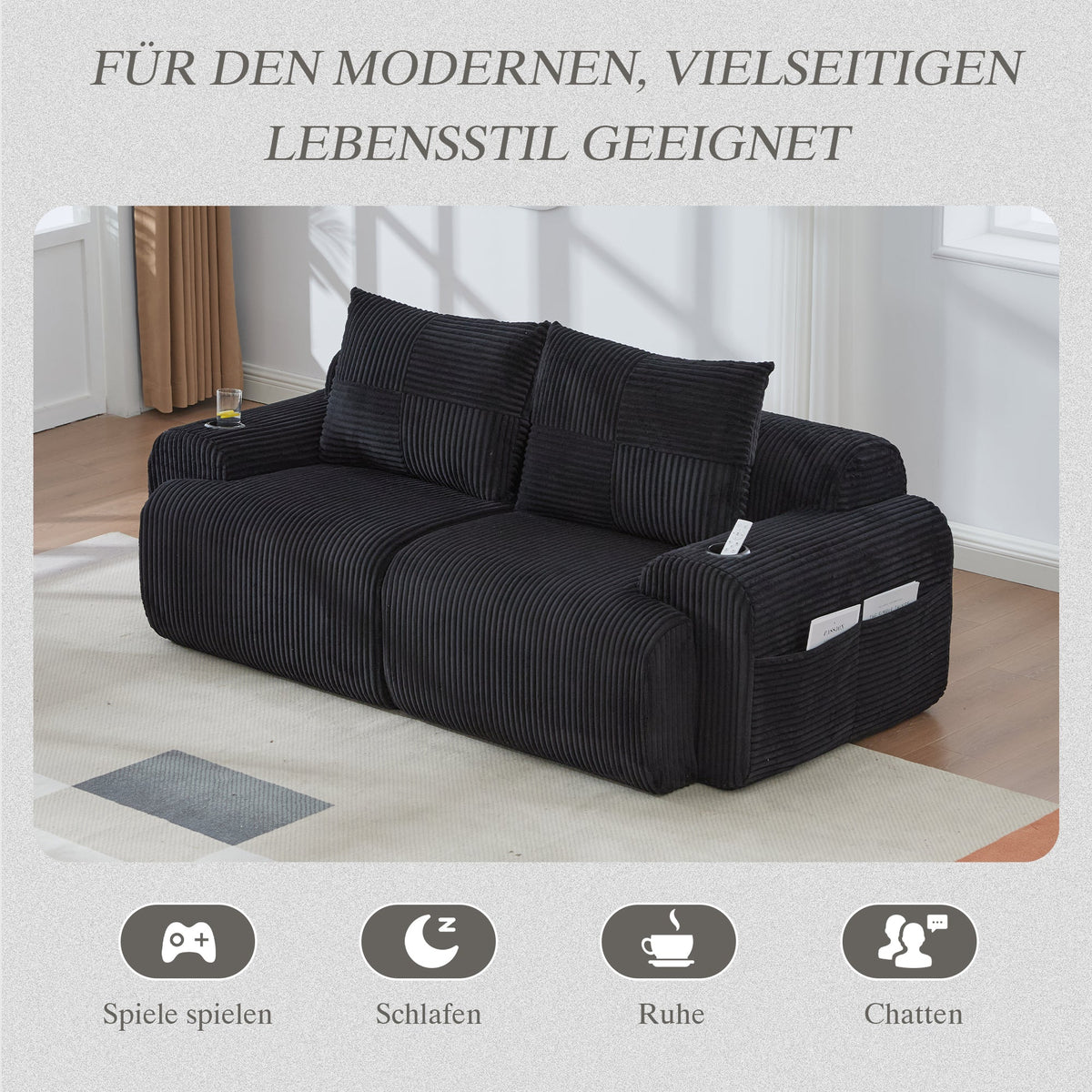 Modular Corduroy Sofa for 2 People, Combinable with Cup Holder and Storage Pocket, Black