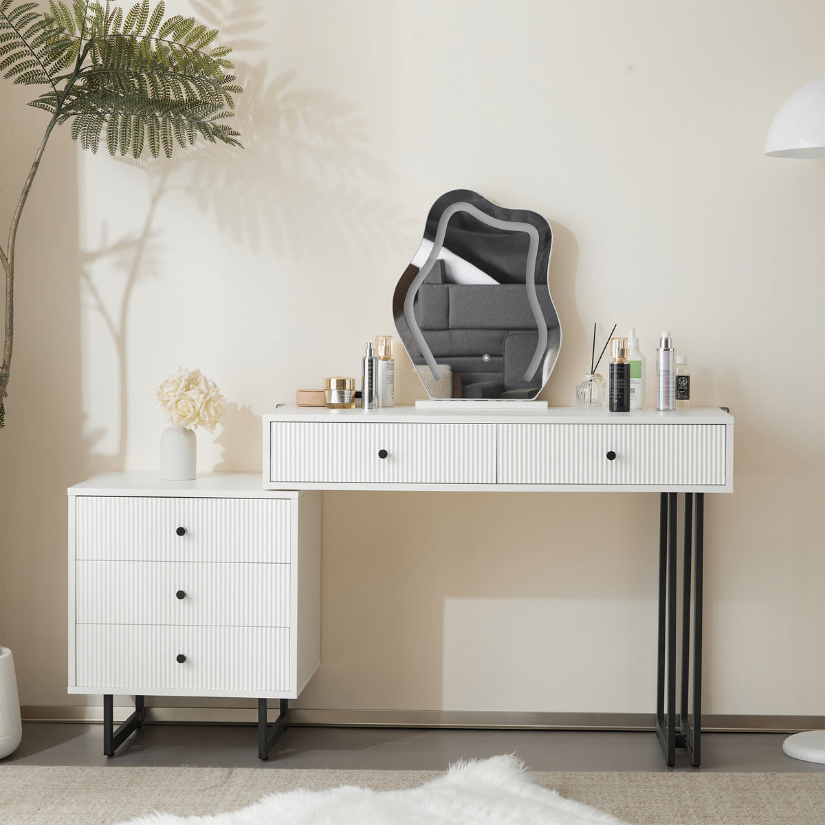 Dressing Table Set with 3-Color LED Mirror & Extendable Tabletop