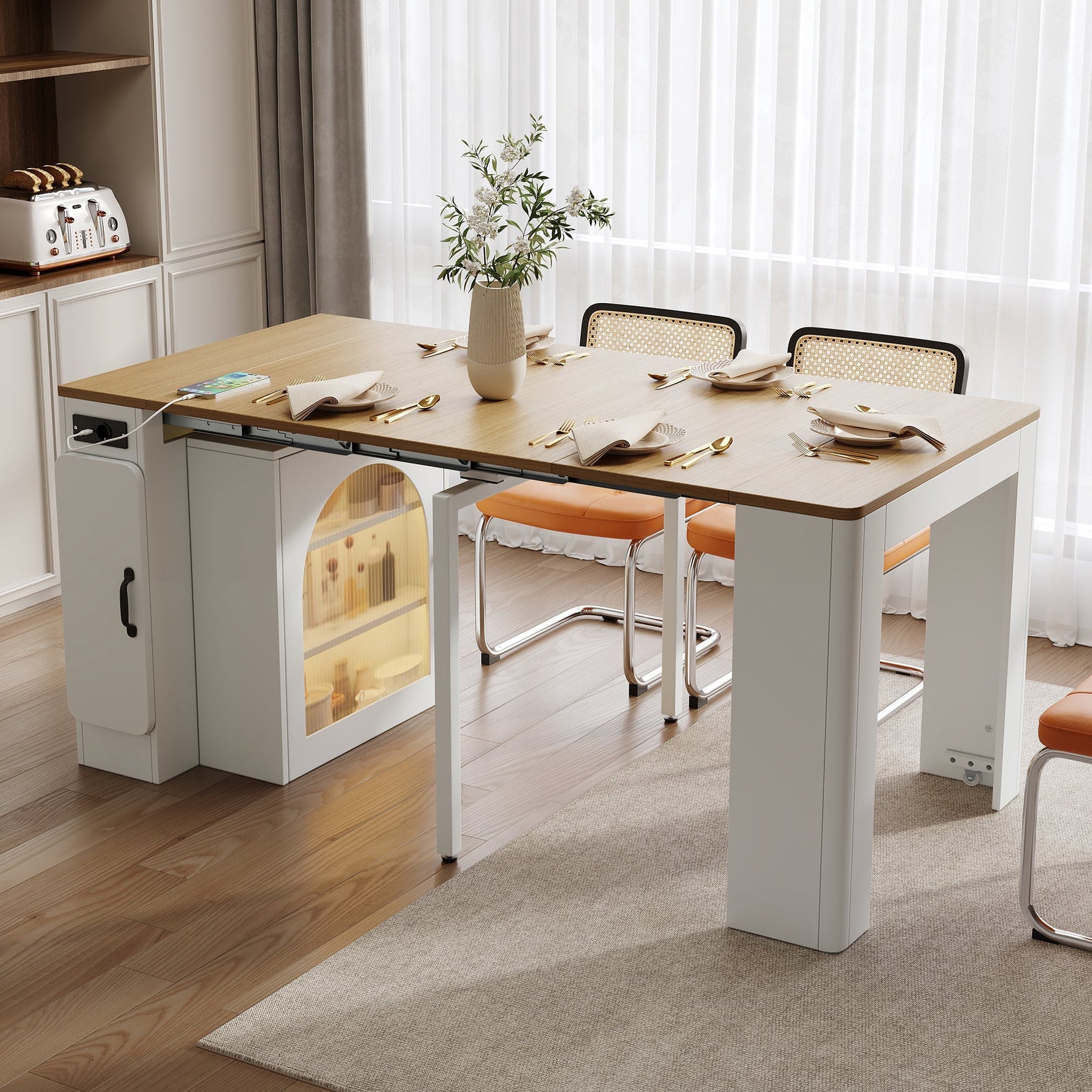 Mobile Kitchen Island Extendable Table Removable Top Power Strips - White