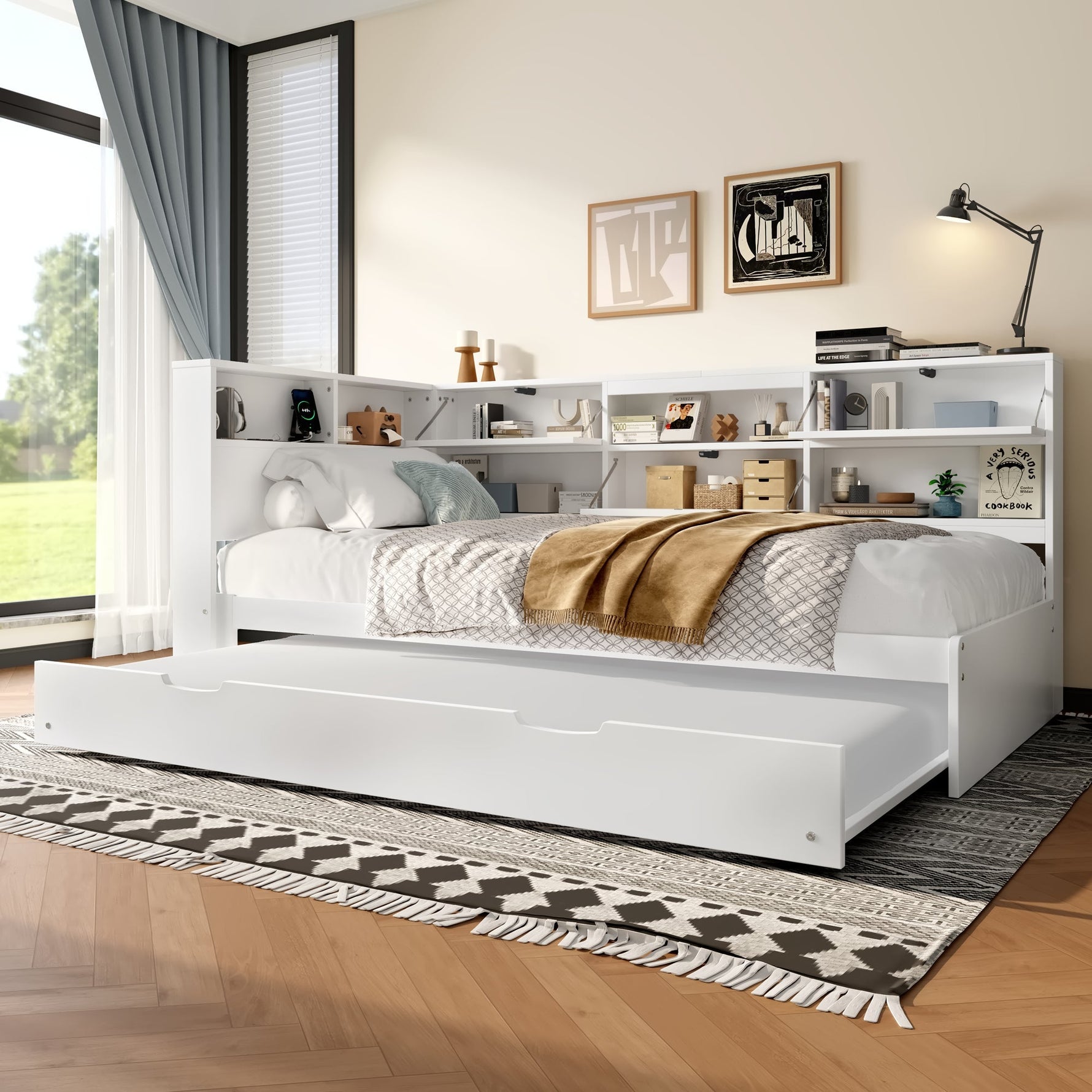 Daybed Sofa Bed with 90x200cm Storage Headboard and Extendable Bed, White