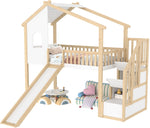 Loft Bed with Storage Ladder, Slide and Window, Natural and White