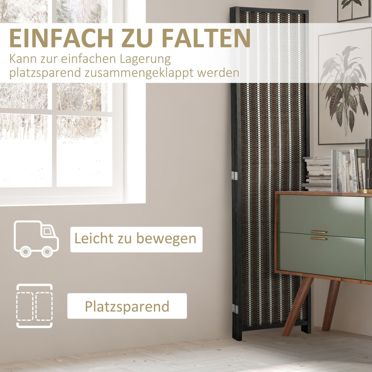 Folding Screen 4-Part, 180 x 180 cm Room Divider, Brown Bamboo