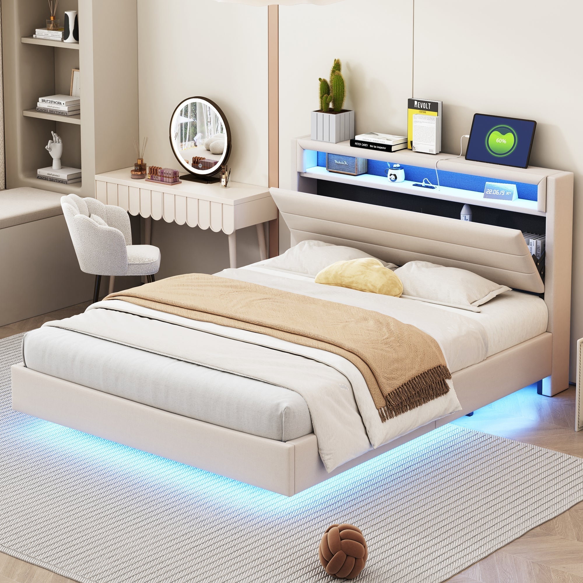 Upholstered Bed 140x200 cm with USB & LED Light, Reversible Headboard, Linen Fabric Beige