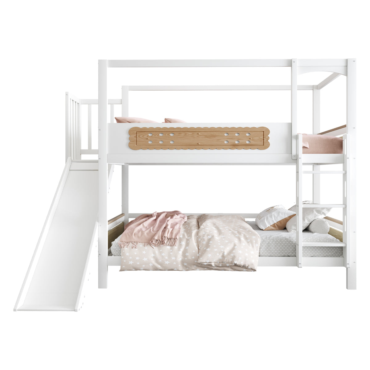 Children's Bunk Bed 90x200 with House Frame & Slide, Wood Color