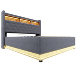 LED Upholstered Bed, 160x200cm, USB Charging, Hydraulic Storage, Linen Fabric, Grey