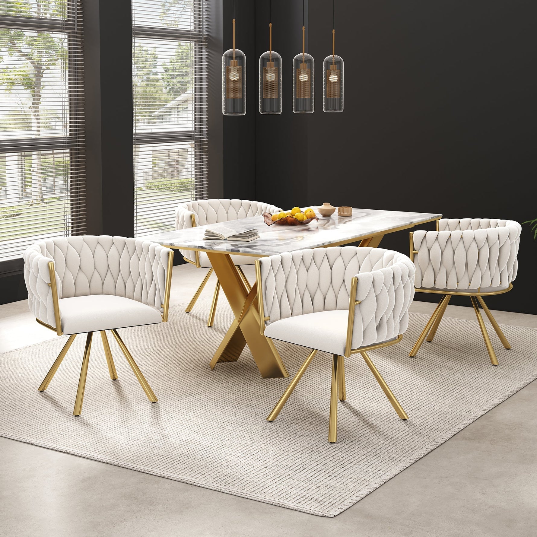 Velvet Dining Chair Set of 4 Swivel Metal Legs - Beige and Gold