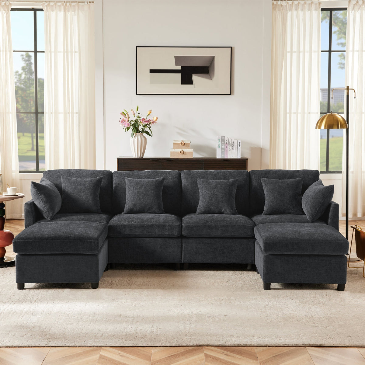 Modern Modular Chenille Sofa L-Shaped U-Shaped Detachable Footstool, Chenille Fabric