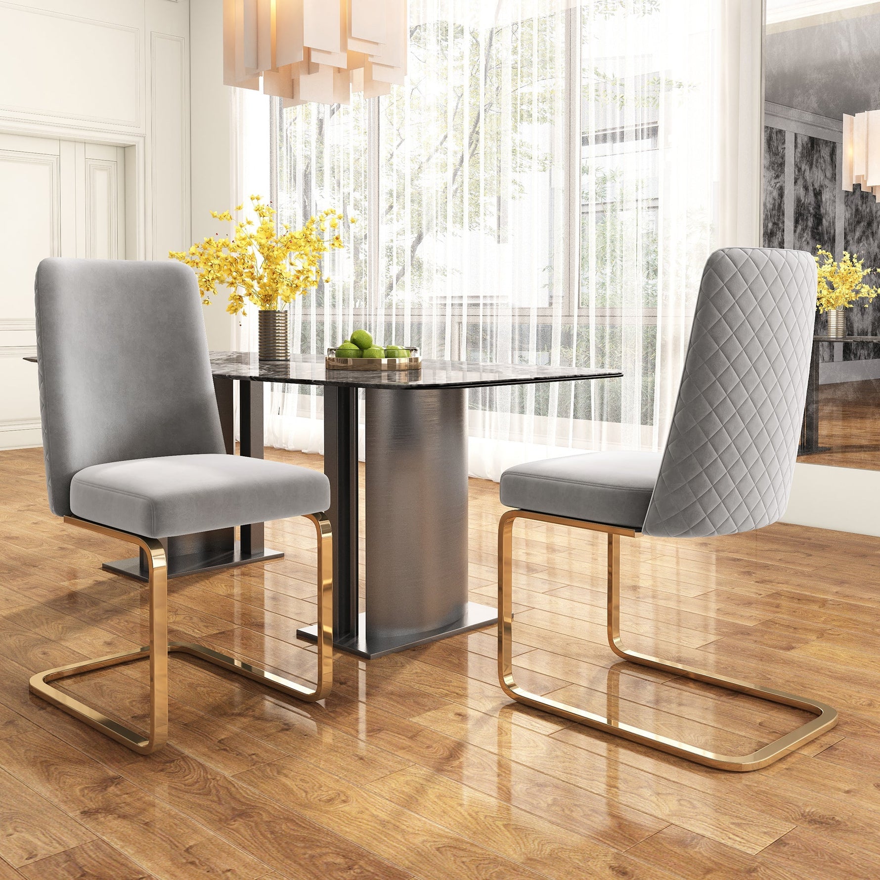 Velvet Dining Chair Set of 2 Diamond Back Gold Metal Legs - Grey