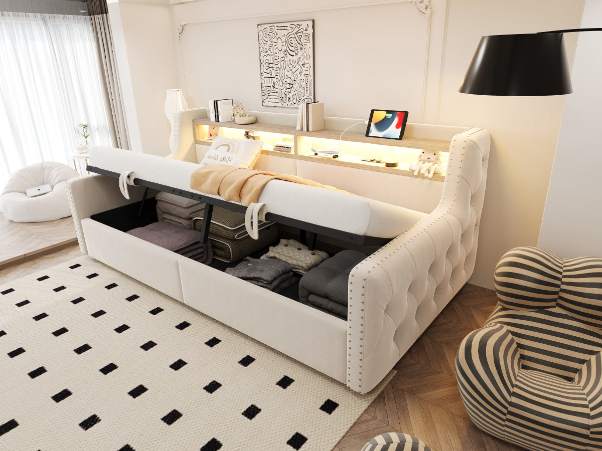 Upholstered Sofa Bed with Hydraulic Storage, LED Lighting and Charging Station, 90x200cm, Beige Velvet