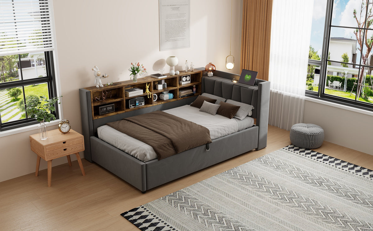 Upholstered Bed/Sofa Bed 90x200cm Multifunctional Hydraulic Storage USB/Type-C Night Light - Dark Grey Velvet