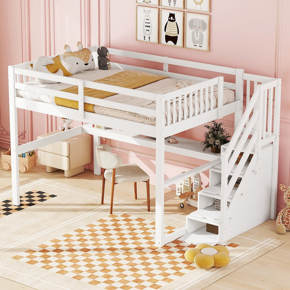 Children's Loft Bed 140x200cm with Storage Drawers & Desk, White