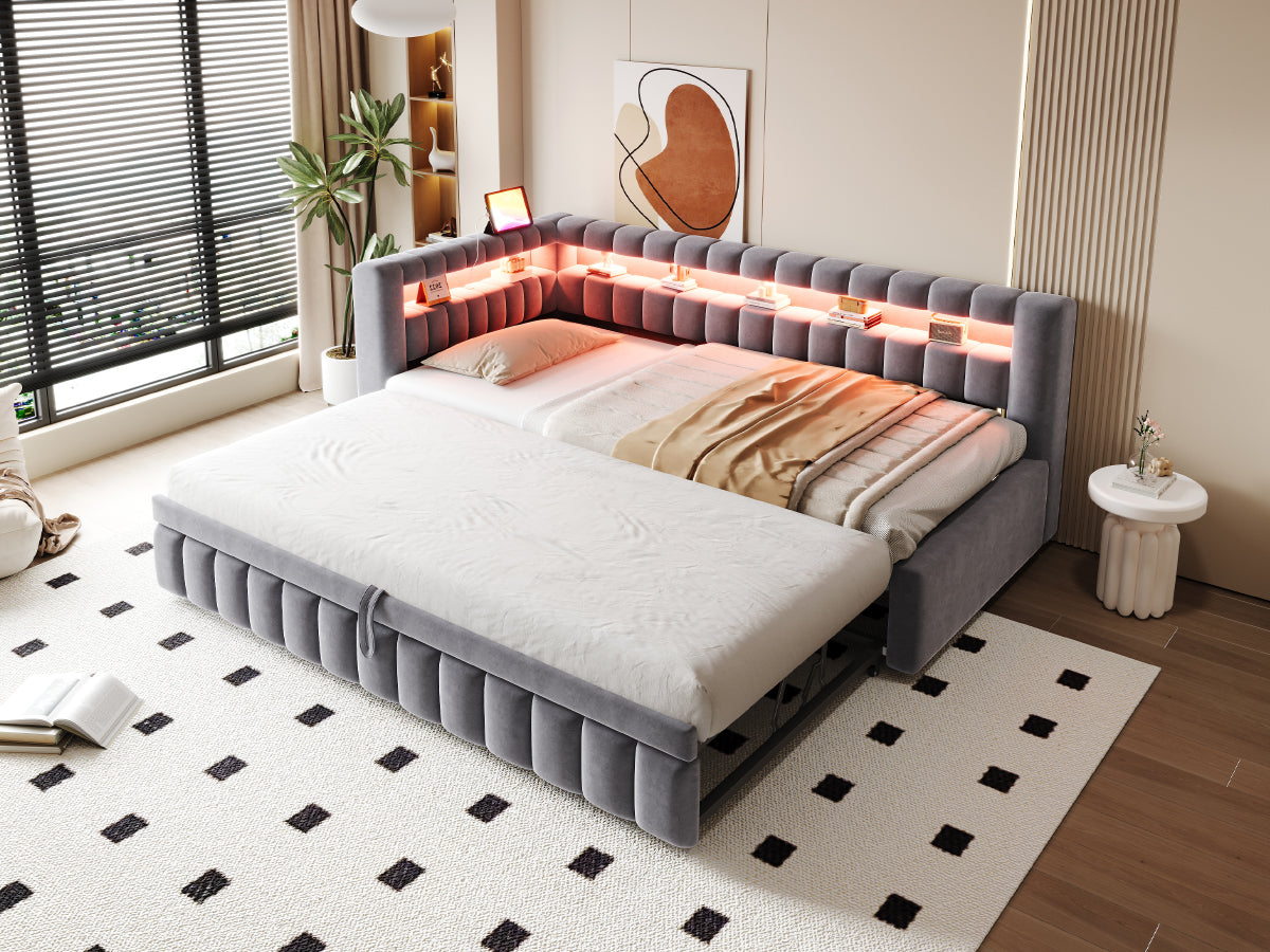 Upholstered Sofa Bed with LED Lighting and USB Charging, 90x200cm, Dark Grey Velvet