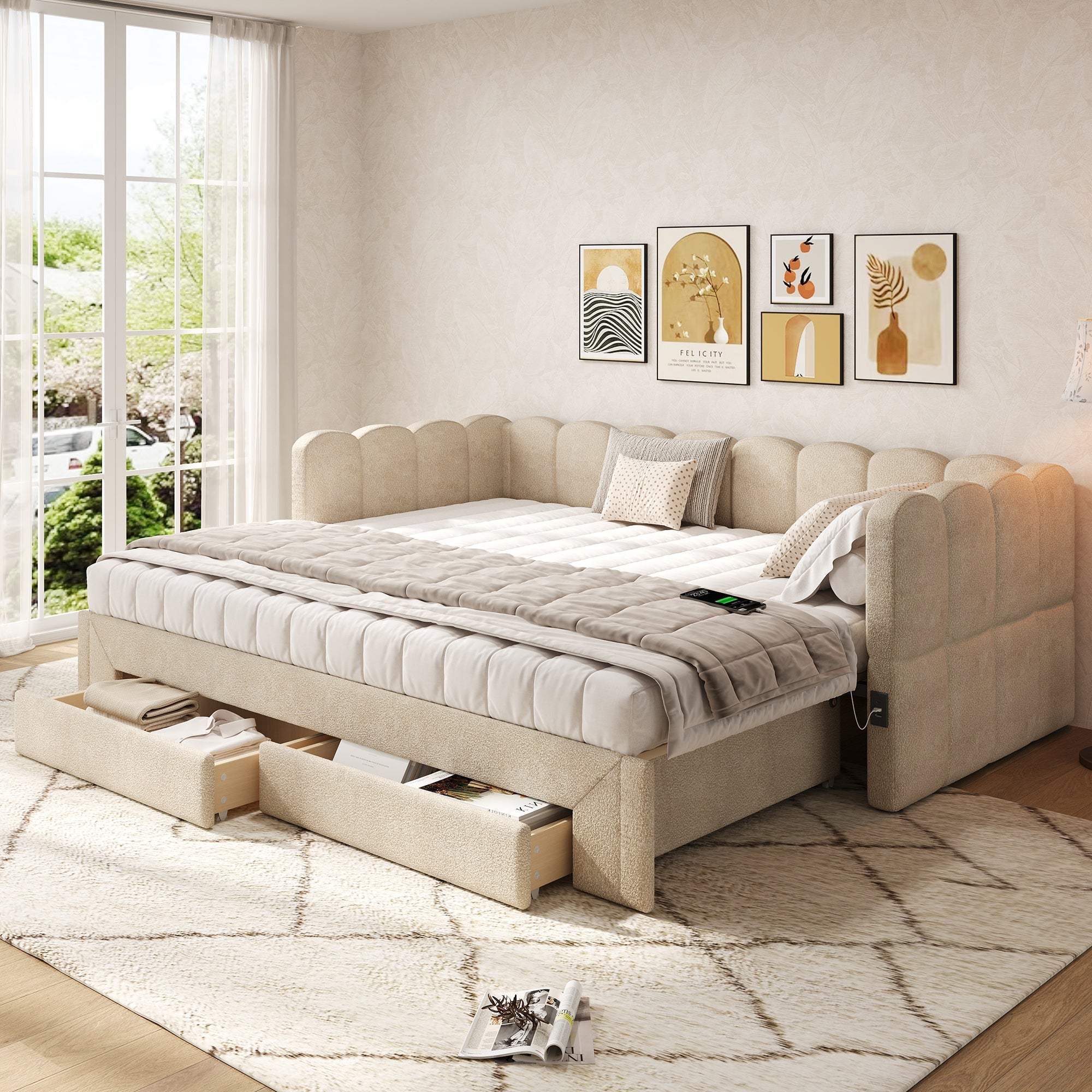 Upholstered Daybed Sofa Bed 90x200cm Extendable with 2 Drawers Storage USB Port beige chenille