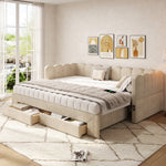 Upholstered Daybed Sofa Bed 90x200cm Extendable with 2 Drawers Storage USB Port beige chenille