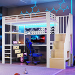 Loft Bed 90x200cm with Desk, Drawer & LED - White Metal