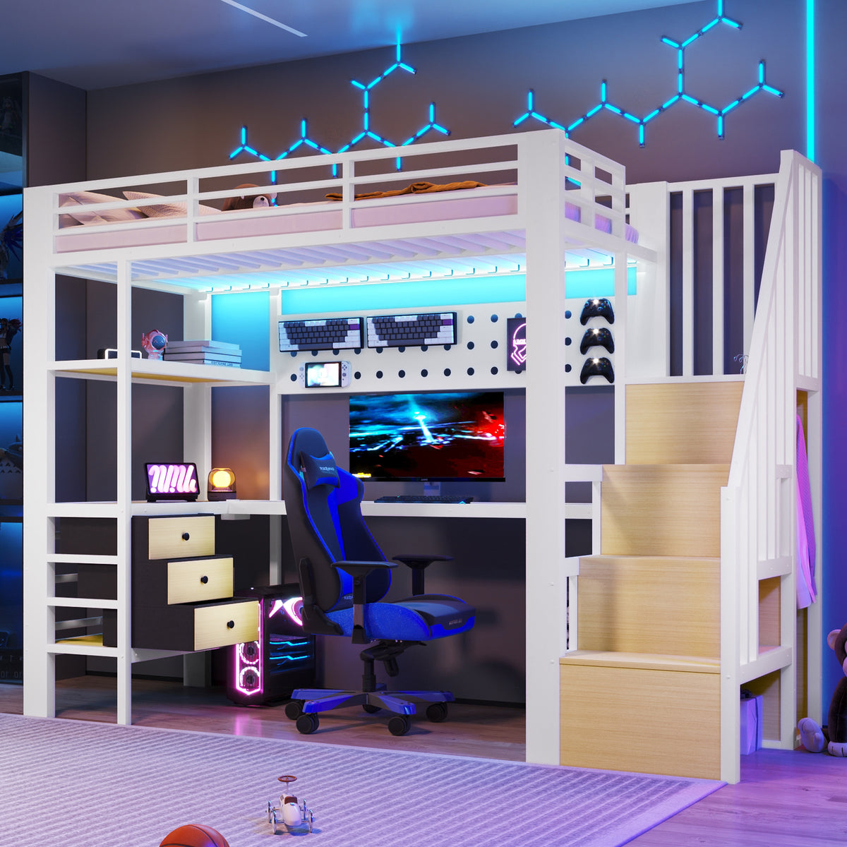 Loft Bed 90x200cm with Desk, Drawer & LED - White Metal